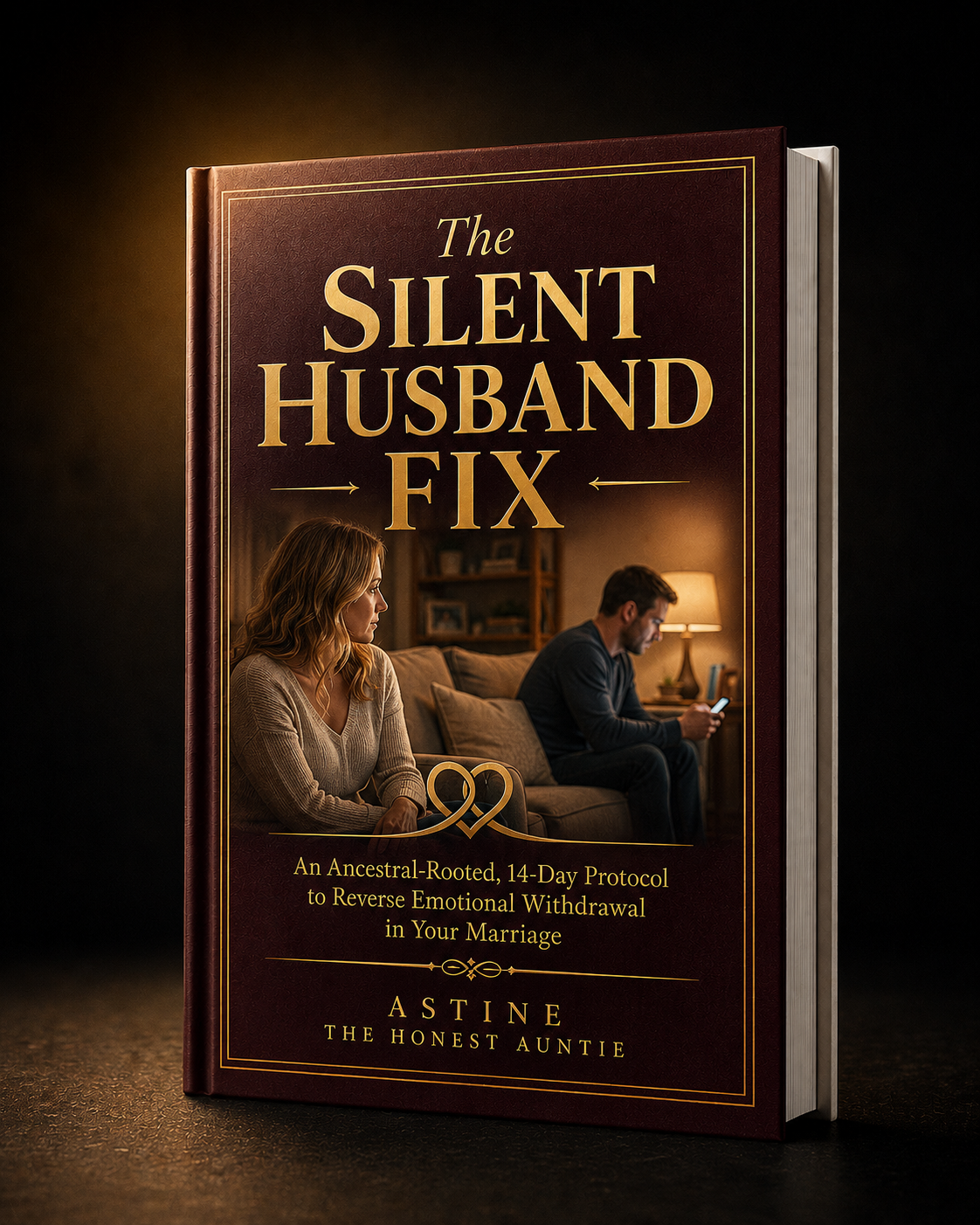 The Silent Husband Fix by Astine — hardcover guide showing a couple sitting apart in a warmly lit living room